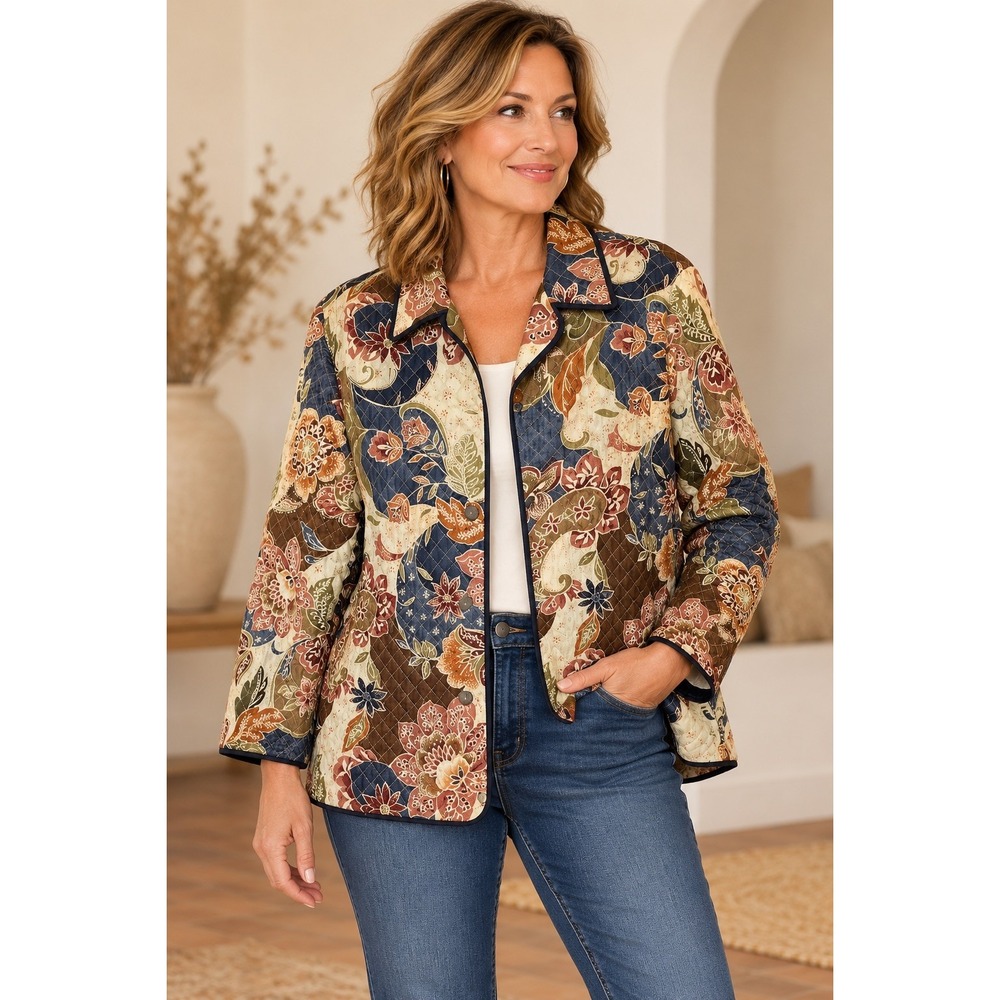 Alfred Dunner Boho Women's Size 16 XL Fall Cream Blue Patchwork Jacket Hippie